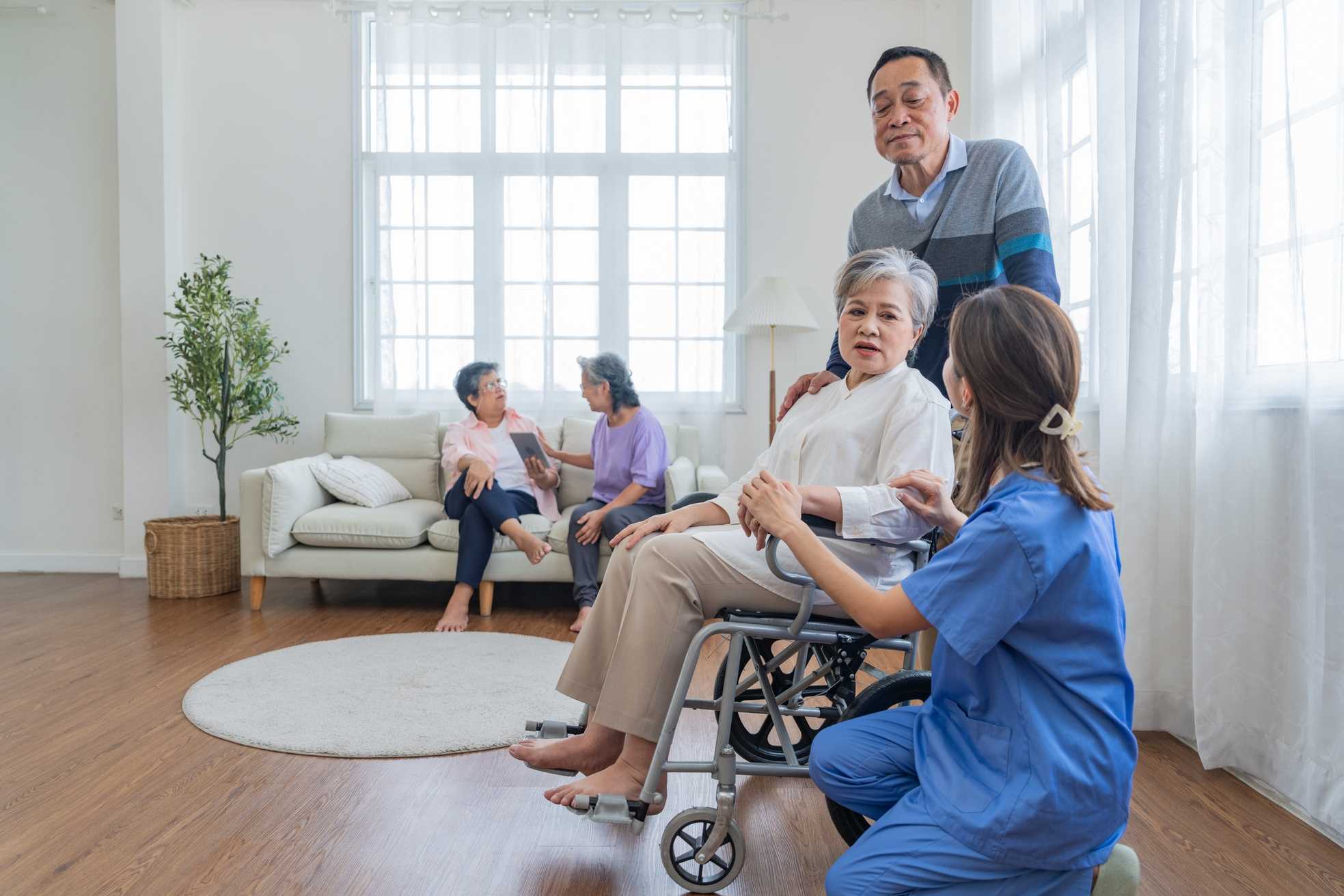 Two care colleagues walking and talking